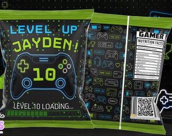 Gamer Birthday Chip Bag Template| Level Up Birthday Party Favor| Video Game Party Decorations| Editable Corjl Download