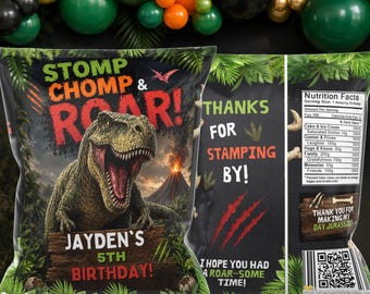 Dinosaur Chip Bag Template Editable Corjl| Dinosaur Birthday Party Favor| T Rex Treat Bag| Dinosaur Party Decorations