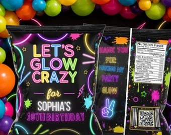 Glow Party Chip Bag Template | Editable Neon Birthday Favor | Let's Glow Snack Bag | Corjl Download | Blacklight Party Decor