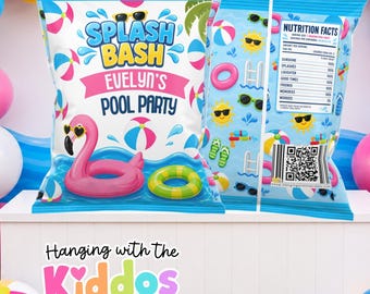 Pool Party Chip Bag Template Editable Corjl| Splash Bash Birthday Favor Bag| Summer Birthday Party Decorations| Swim Party Favor
