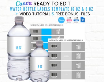 Water Bottle Label Template| Blank Water Bottle Wrappers Template| Canva Editable Template| 16 0Z & 8 OZ