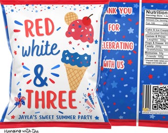 Patriotic Chip Bag Template Editable | Red White & Blue Birthday Party Favor Bag | 4th of July Snack Bag Template | Corjl