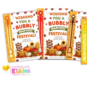 May include: Four rectangular cards with bubble wands attached, featuring the text WISHING YOU A BUBBLY HARVEST FESTIVAL! Celebrate the season and the blessings around us! FAITH FAMILY FUN. The cards display pumpkins, sunflowers, and autumn leaves.