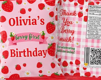 Berry First Birthday Chip Bag Template | Editable Corjl Strawberry Party Favor | Printable Pink Snack Bag Wrapper | DIY Birthday Decor