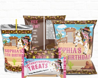 Cowgirl Birthday Party Package| Custom Party Favors- Chip Bags| Drink Pouches| Rice Krispy Treats Wrappers
