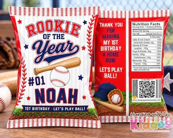 Baseball 1st Birthday Chip Bag Template | Rookie of the Year Party Favor | Editable Corjl Snack Bag | Boys Baseball Birthday