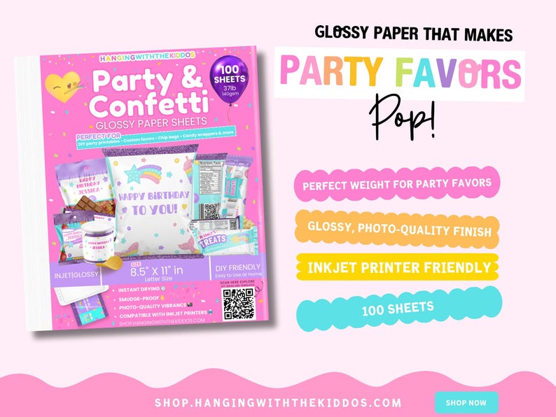 Glossy Chip Bag Paper for Inkjet Printers, 8.5x11 Printable Sheets – DIY Party Favor, Candy Bar & Treat Wrappers, Party Printables image 2