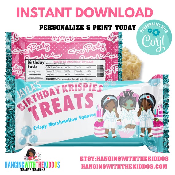 Personalized Birthday Rice Krispy Label Treats Labels Spa Party Printables|Spa Party for Girls-African American Il_570xn