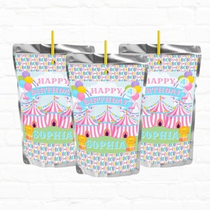 Pink Circus Party Customizable Juice Pouch Labels| Carnival Party Favors