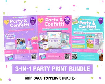 Party Favor Paper Bundle: Glossy Chip Bags, Vinyl Labels, Cardstock (8.5x11)