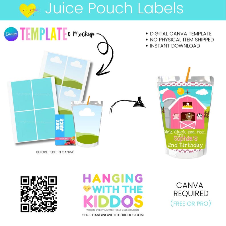 K&ouml;nnte beinhalten: Digitales Canva-Template f&uuml;r Saftbeutel-Etiketten. Das Design zeigt eine rosa Scheune, Hoftiere und den Text "Dink, Cluck, Baa, Moo... It's Sophia's 2nd Birthday." Das Mockup zeigt die Etiketten und einen Saftbeutel.