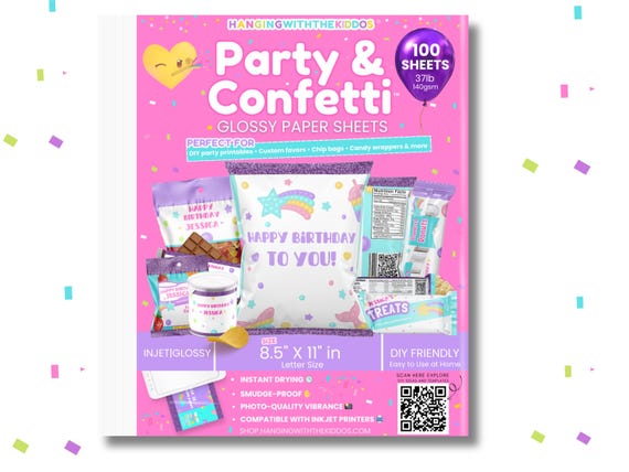 Glossy Chip Bag Paper for Inkjet Printers, 8.5x11 Printable Sheets – DIY Party Favor, Candy Bar & Treat Wrappers, Party Printables