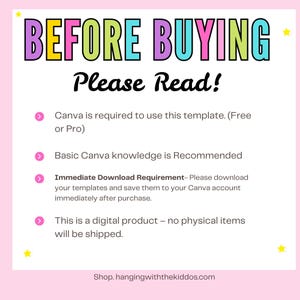 Puede incluir: Un gr&aacute;fico rosa y blanco con el texto "BEFORE BUYING Please Read!" en letras coloridas. El texto enumera los requisitos para usar una plantilla, incluido el uso de Canva y la descarga inmediata. Tambi&eacute;n se incluye la direcci&oacute;n del sitio web.