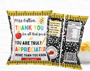 Envoltorio para bolsas de papas fritas de agradecimiento al maestro, regalo imprimible para maestros, plantilla editable para bolsas de papas fritas, regalo de fin de año, descarga instantánea