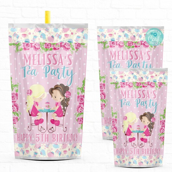 Tea Party Favors Drink Pouches Tea Party Decorations Personalize Labels by Hanging with the