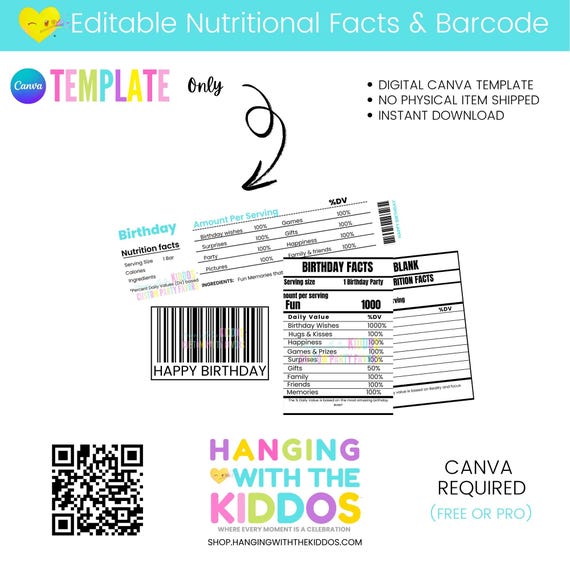 Editable Nutrition Facts & Barcode Label Template for Canva | Custom Party Favors for Birthdays, Weddings, and More