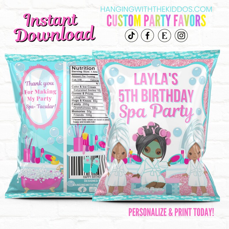 Tween Spa Party Turquoise Favors Chip Bags1st Birthday Favors Slumber Party Pajama PartyPersonalized Party Favors Chip Bags image 2