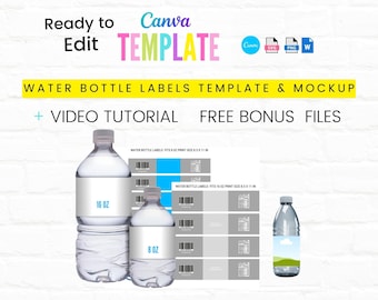 Water Bottle Label Template| Blank Water Bottle Wrappers Template| Canva Editable Template| 16 0Z & 8 OZ