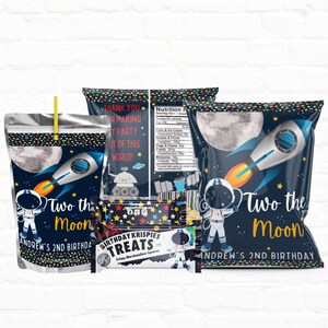 Two the Moon Space Birthday Party Package|Custom Chip Bags| Drink Pouches| Rice Krispy Treats Wrappers