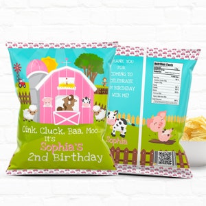 Pink Barnyard Custom Chip Bags Party Favors | Farm Birthday Party Personalized Treat Bags| 1st Birthday