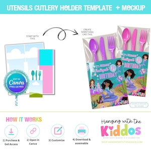 Puede incluir: Una plantilla para un soporte de utensilios y cubiertos con tem&aacute;tica de sirenas. La imagen muestra una maqueta con cubiertos de pl&aacute;stico rosas y morados en una bolsa transparente. El texto incluye "It's Mermaid Birthday" y "Edit in Canva".