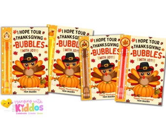 Personalized Thanksgiving Bubble Wand Cards for Kids | Thanksgiving Classroom Party Favors | Teacher Student Gifts | Friendsgiving