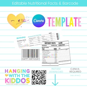 Editable Nutrition Facts & Barcode Label Template for Canva | Custom Party Favors for Birthdays, Weddings, and More