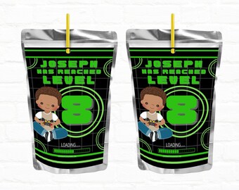 Video Game Decor Drink Pouches  Juice Labels | Level Up Video Custom Party Favors