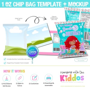 Puede incluir: Una maqueta de plantilla de bolsa de patatas fritas con el texto "1 OZ CHIP BAG TEMPLATE + MOCKUP". El dise&ntilde;o incluye un tema de sirena con el texto "It's Mermaid Sarah's 8th Birthday". La plantilla es editable en Canva.