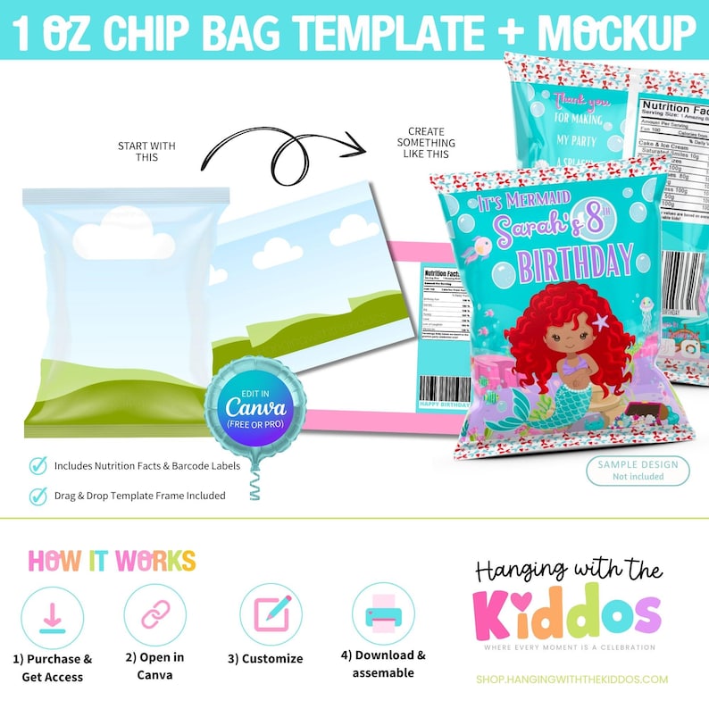 Puede incluir: Una maqueta de plantilla de bolsa de patatas fritas con el texto "1 OZ CHIP BAG TEMPLATE + MOCKUP". El dise&ntilde;o incluye un tema de sirena con el texto "It's Mermaid Sarah's 8th Birthday". La plantilla es editable en Canva.