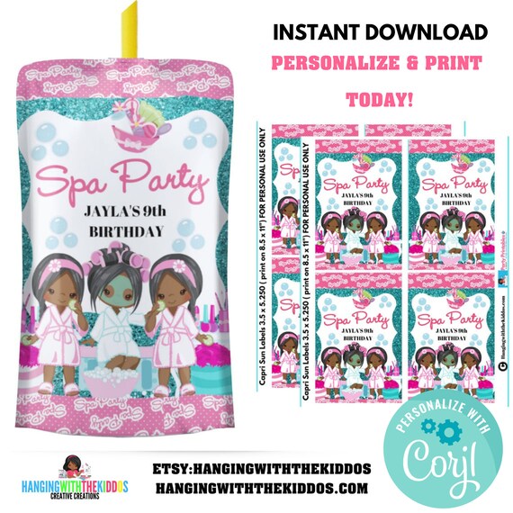 Girls Spa Party Printable Juice Pouches Labels| Personalized Juice Template| Spa Party Favors Il_570xn