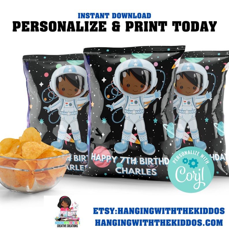 Personalized Chip Bags Custom Teat Bags Outer Space  Astronaut Party Favors