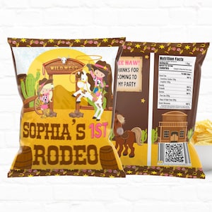 Cowgirl Party Favors Custom Chip Bags| First Rodeo| Western Cowboy Editable Chip Bag |1st Birthday Favors