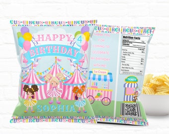 Pink Circus Party Chip Bags Favors |Carnival Birthday Chip Bag Template