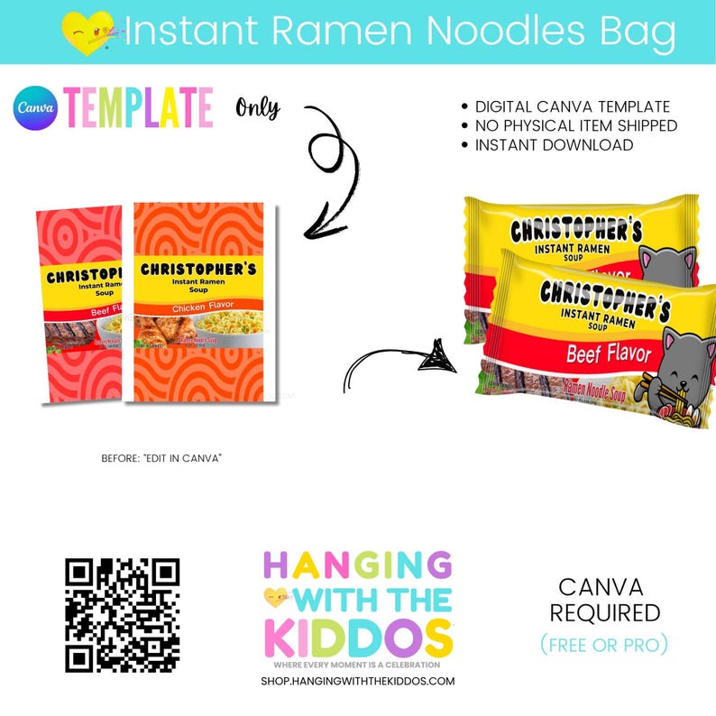 K&ouml;nnte beinhalten: Eine digitale Canva-Vorlage f&uuml;r Instant-Ramen-Nudelbeutel. Das Bild zeigt zwei Beispielentw&uuml;rfe, einen roten und einen orangefarbenen, sowie zwei gelbe Beutel mit Christopher's Instant Ramen Soup, Geschmacksrichtung Rindfleisch. Der Text lautet "Hanging with the Kiddos."