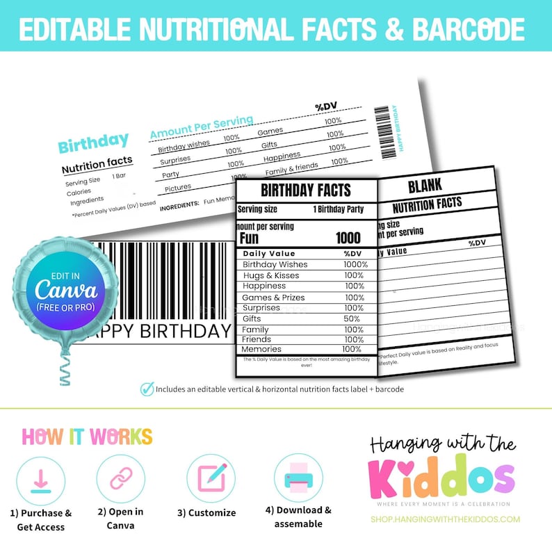 Puede incluir: Una plantilla imprimible para fiestas de cumplea&ntilde;os con datos nutricionales editables y un c&oacute;digo de barras. El dise&ntilde;o incluye un globo con el texto "Happy Birthday" e instrucciones sobre c&oacute;mo personalizar la plantilla.
