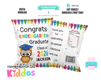 Personalized Graduation Chip Bag Template, Editable Chip Bag Wrapper,Graduation Party Favors, Preschool Kindergarten Class of 2026 Printable