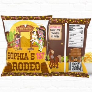 Cowgirl Gastgeschenke Benutzerdefinierte Chip Taschen | Erstes Rodeo | Western Cowboy bearbeitbare Chip Tasche