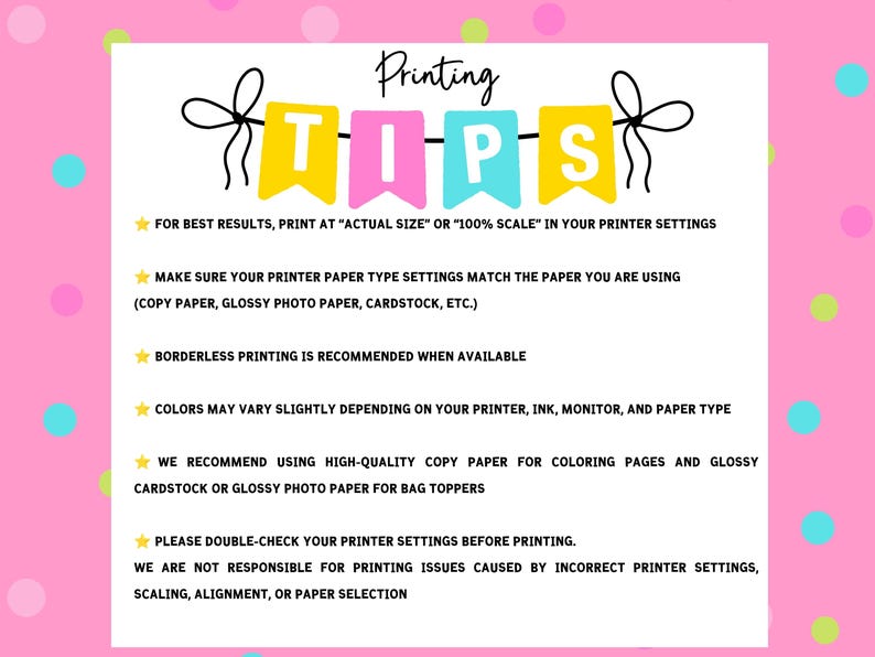 Puede incluir: Un gr&aacute;fico rectangular blanco con el texto "Printing TIPS" en un dise&ntilde;o de banner. El texto proporciona consejos de impresi&oacute;n, incluyendo el tipo de papel, la configuraci&oacute;n de la impresora y las variaciones de color. El fondo es rosa con lunares coloridos.