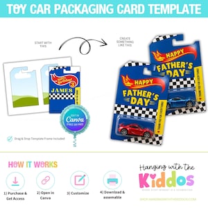 Puede incluir: Plantilla de tarjeta de embalaje de coche de juguete con un dise&ntilde;o azul y rojo. La plantilla incluye una tarjeta del D&iacute;a del Padre con un coche de juguete y una tarjeta de cumplea&ntilde;os. La imagen tambi&eacute;n incluye instrucciones.