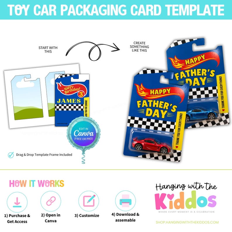 Puede incluir: Plantilla de tarjeta de embalaje de coche de juguete con un dise&ntilde;o azul y rojo. La plantilla incluye una tarjeta del D&iacute;a del Padre con un coche de juguete y una tarjeta de cumplea&ntilde;os. La imagen tambi&eacute;n incluye instrucciones.