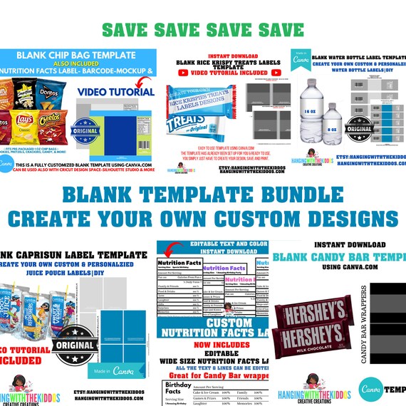 Save Bundle|Chip Bag Template|Rice Krispies Treats Template| Capri Sun Labels Template| Nutritional Facts| Water bottle labels|Chocolate Bar Il_570xn