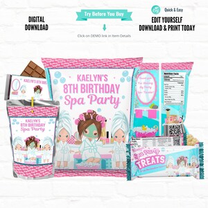Bundle Spa Party Customizable Party Favors Chip Bag template Rice Krispy Wrapper Juice Pouch Labels Chocolate Candy Bar Wrappers 03 image 9