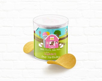 Pink Barnyard Birthday Customizable Chip Can Label Party Favor | Farm Birthday Stacked Chips Can Wrapper