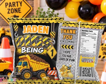 Construction 1st Birthday Chip Bag Template | Digs Being One | Editable Party Favor | Dump Truck Birthday
