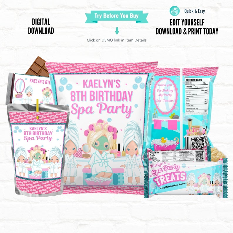 Bundle Spa Party Customizable Party Favors Chip Bag template Rice Krispy Wrapper Juice Pouch Labels Chocolate Candy Bar Wrappers 03 image 2