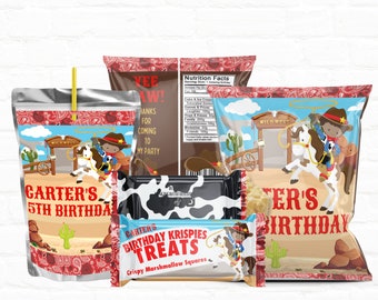 Cowboy Birthday 1st Birthday Favors Party Package| Custom Chip Bags| Drink Pouches| Rice Krispy Treats Wrappers