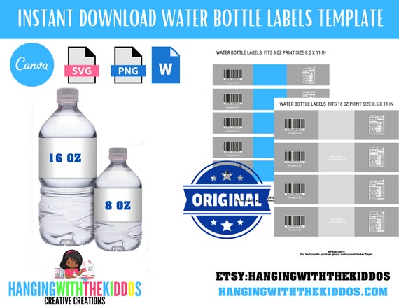 Water Bottle Label Template Blank Water Bottle Wrappers Etsy