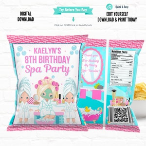 Bundle Spa Party Customizable Party Favors Chip Bag template Rice Krispy Wrapper Juice Pouch Labels Chocolate Candy Bar Wrappers 03 image 4