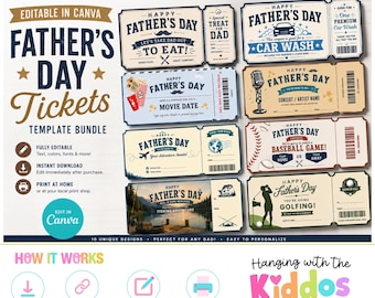 Paquete de plantillas de boletos para el Día del Padre / Boletos de cupones editables para papá en Canva / Regalo imprimible para el Día del Padre / Descarga instantánea